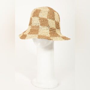 Straw Braided Checkered Bucket Hat|Khaki